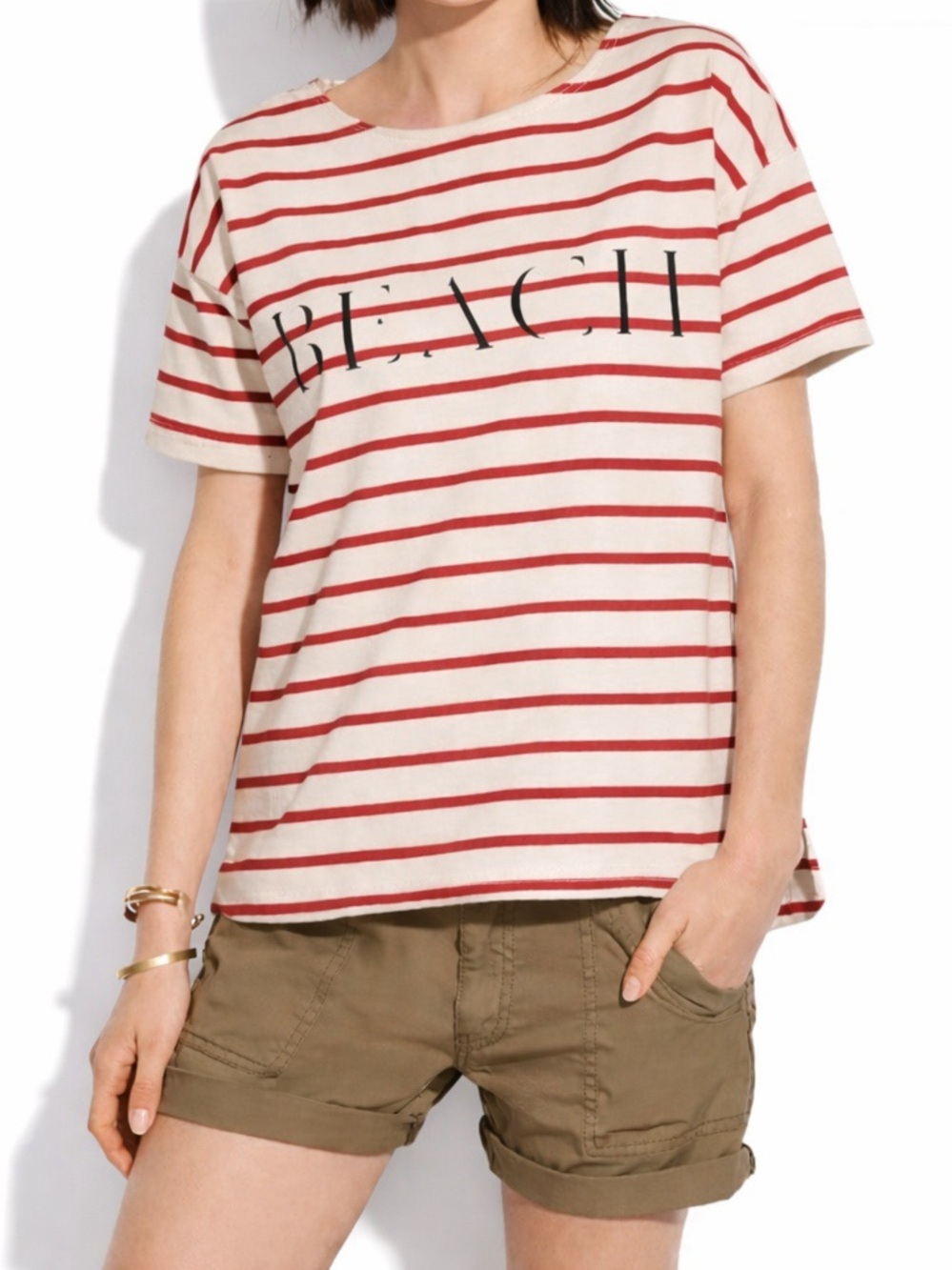 Madewell Women Red Striped Beach Relax Cotton T-Shirt MEDIUM Preppy Resortwear